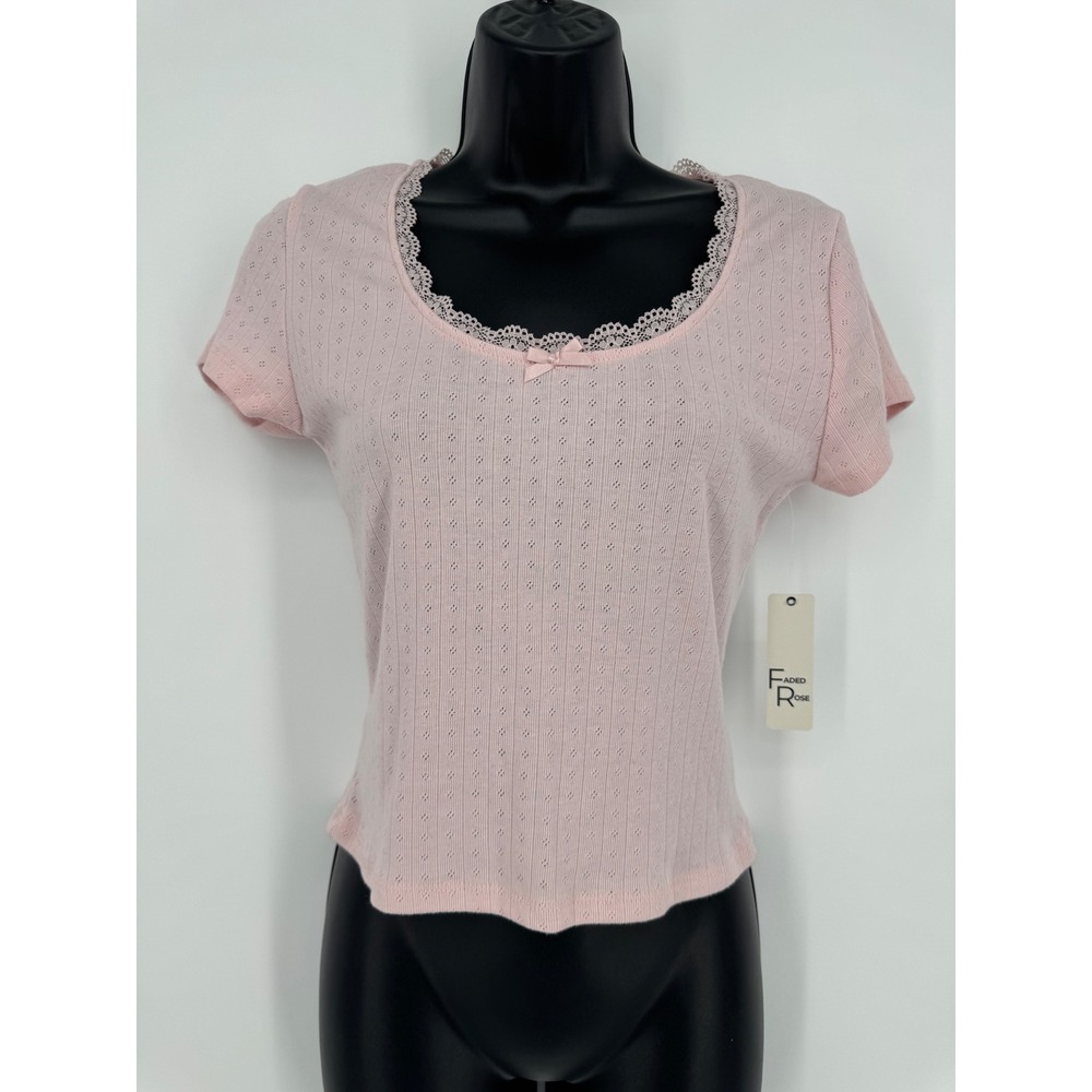 Faded Rose Pink Pointelle Knit Lace Trim Bow Top Short Sleeve Women Size Large